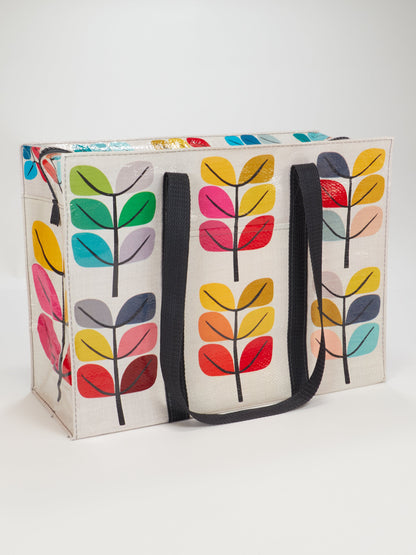 off white tote with black handles and multicolored sprout images