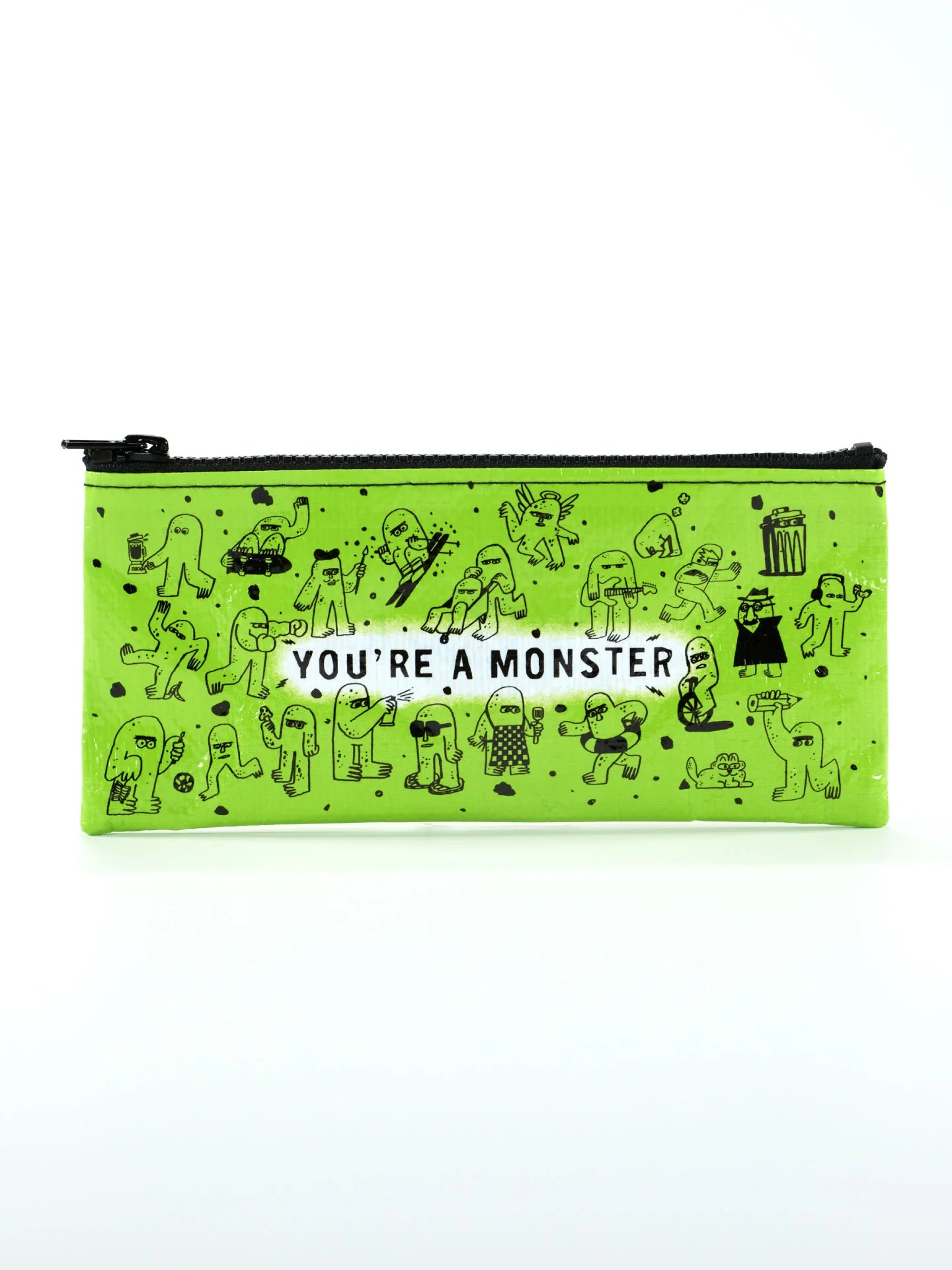 lime green zipper bag with doodle drawings of monsters and "you're a monster" printed on it.