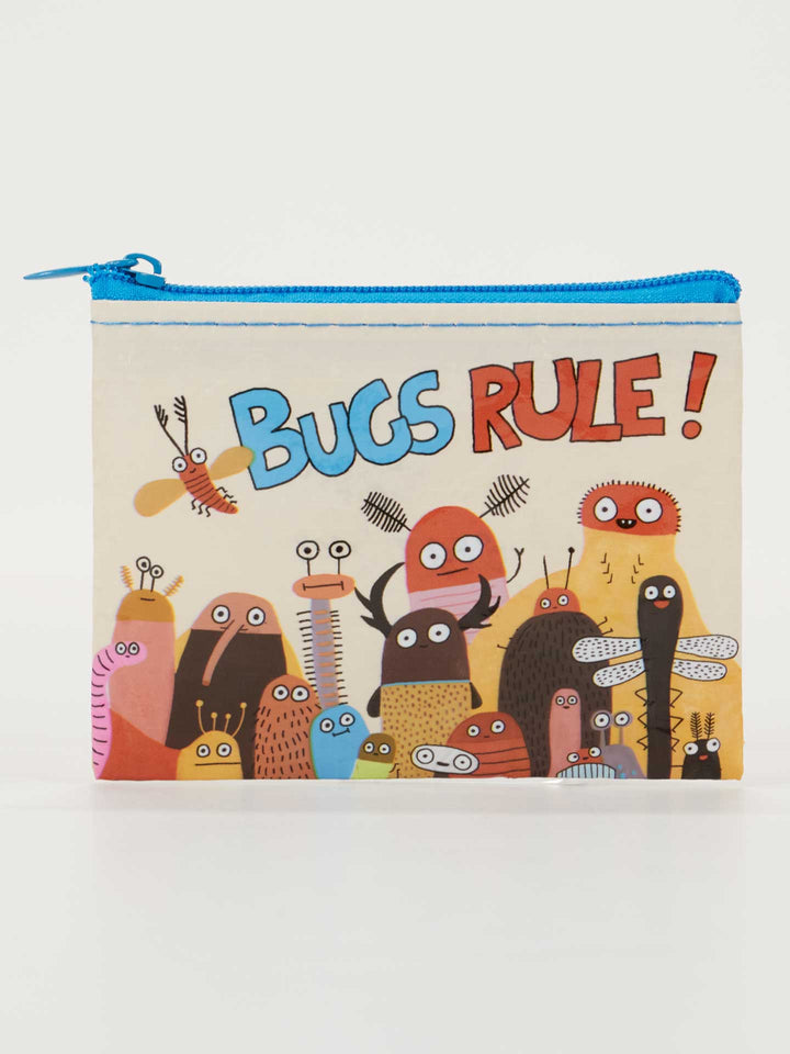 ivory Bugs Rule! Coin Purse with blue zipper and cartoon drawings of cute bugs