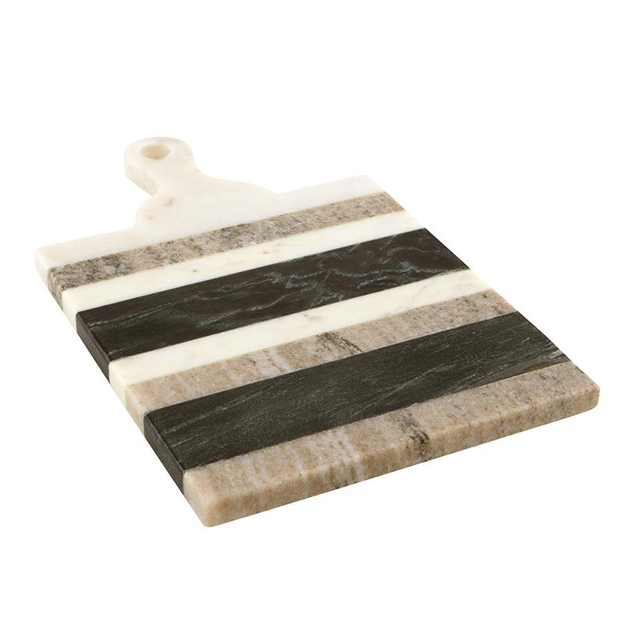 angled side view of striped marble board with handle 