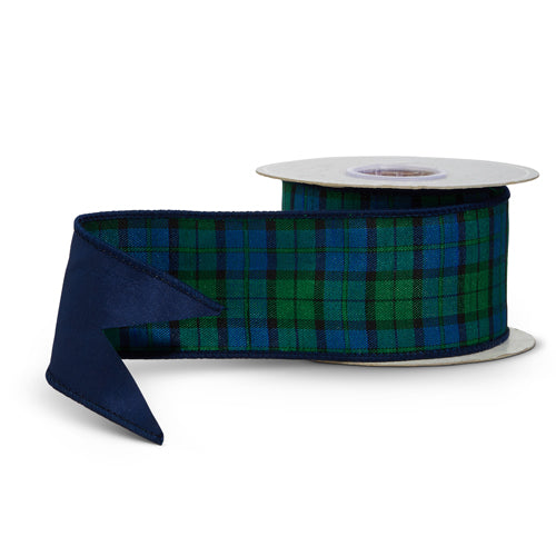 spool of plaid ribbon with blue and green pattern shown on a white background
