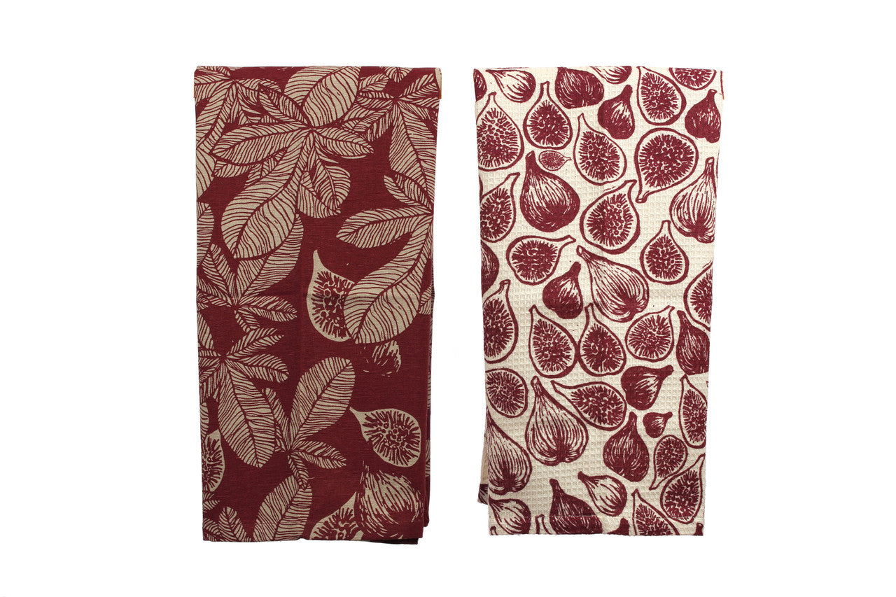 2 ruby fig dishtowels laying flat on a white background.