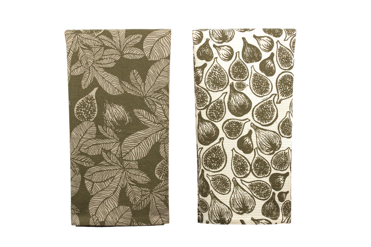 2 olive green fig dishtowels laying flat on a white background.