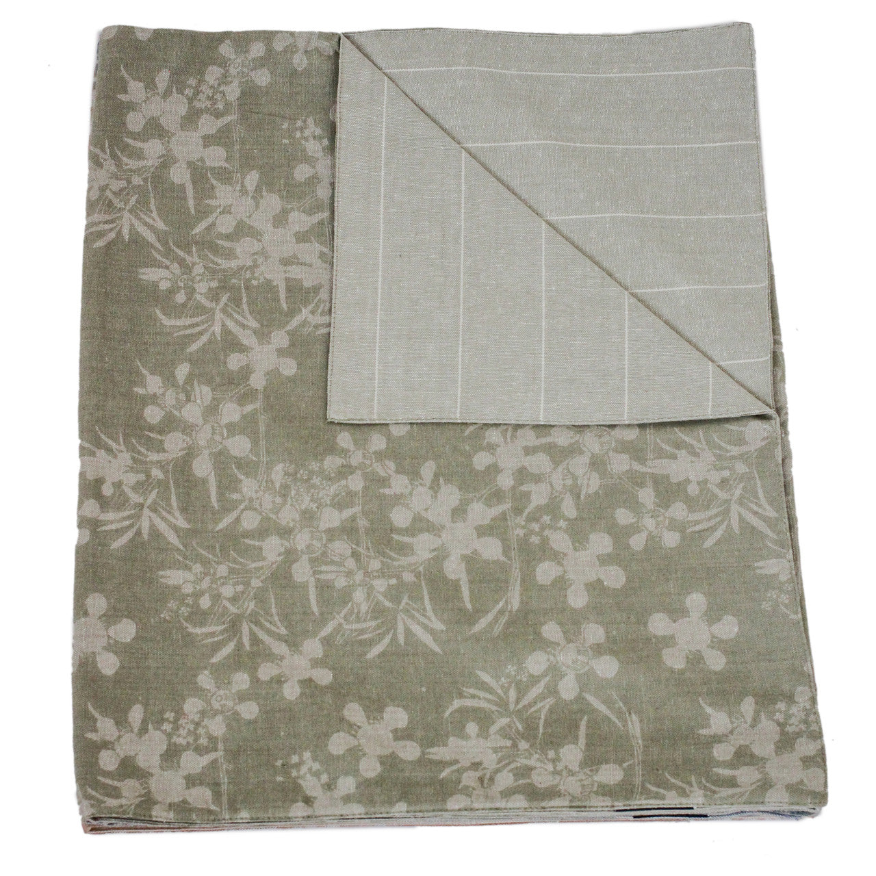sage green runner with botanical design folded with one corner flapped over showing the reverse side.