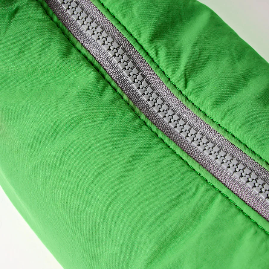 top view of green shoulder bag with zipper zipped closed