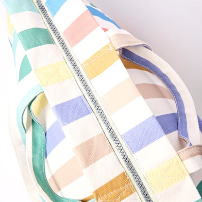 top view of Multicolored striped tote showing zipper closure