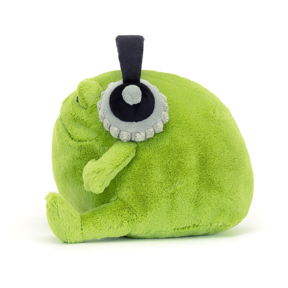 Side view of Ricky rain frog with headphones plush toy.