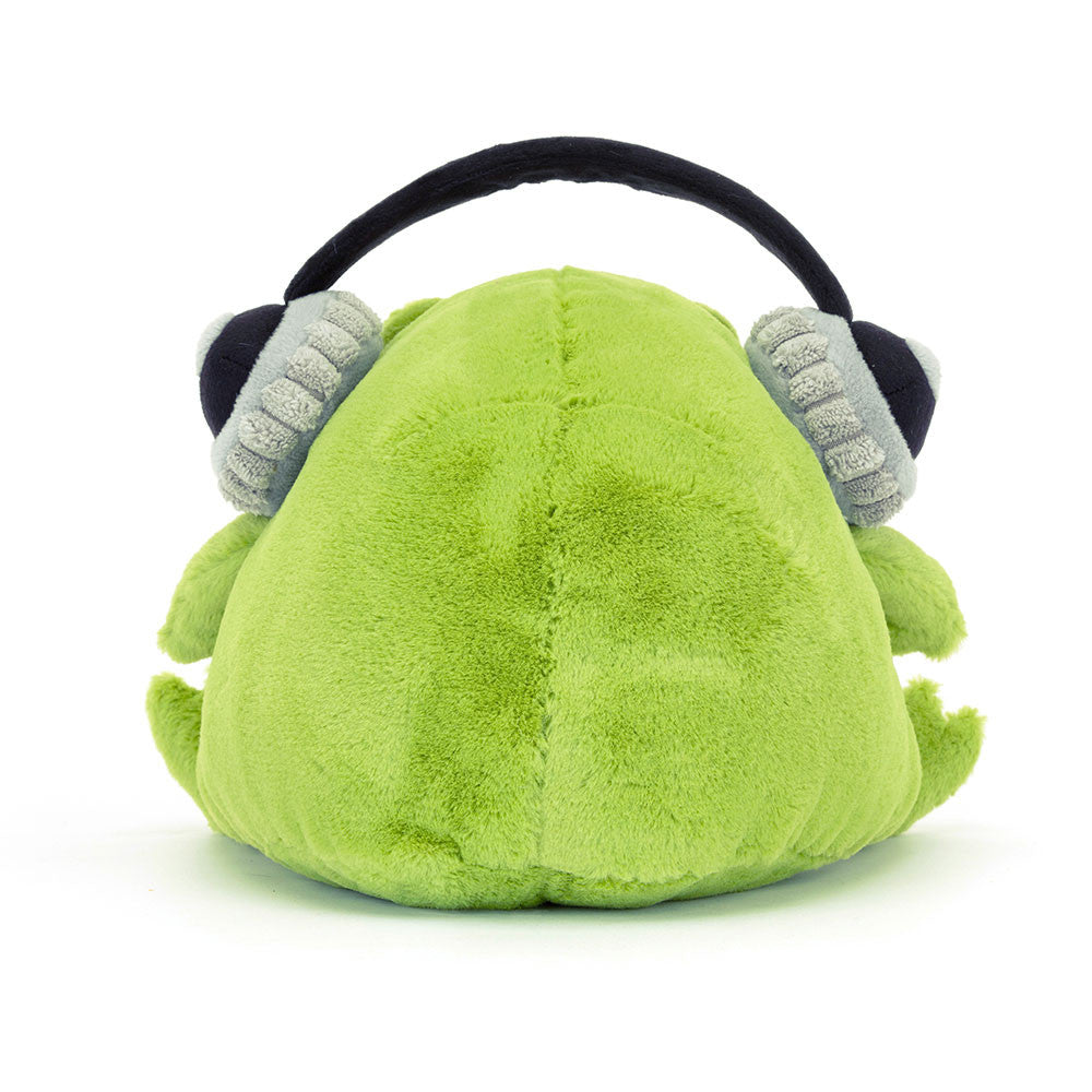 Back view of Ricky rain frog with headphones plush toy.