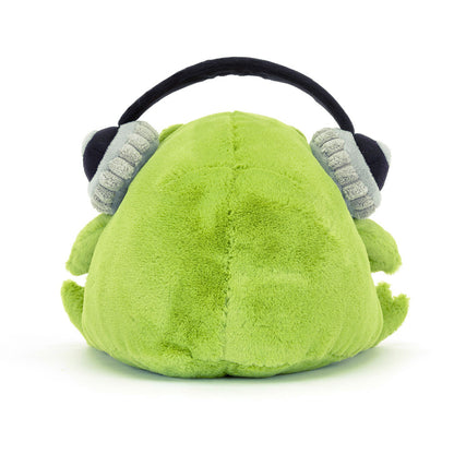 Back view of Ricky rain frog with headphones plush toy.