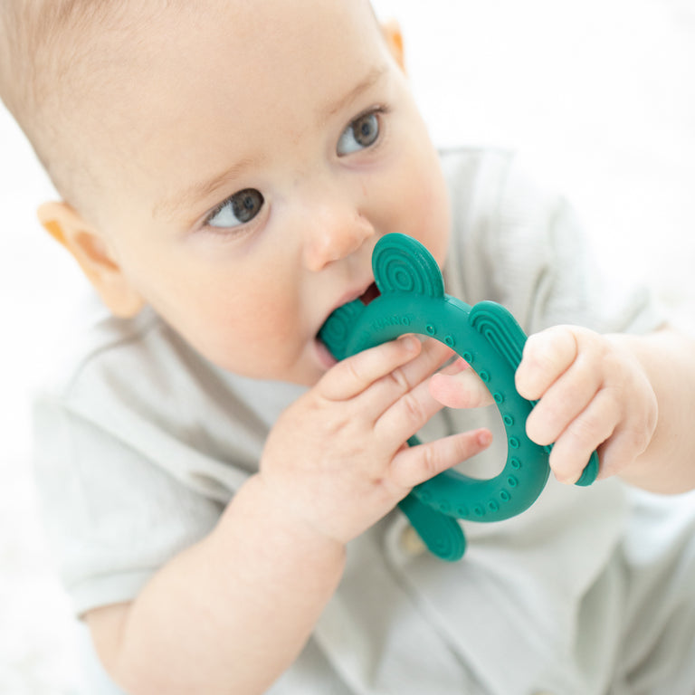 baby chewing on frog teether.