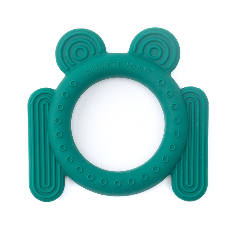 teal green frog teether on a white background.