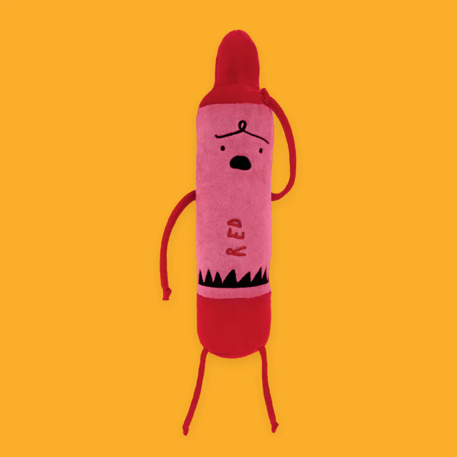 red crayon doll showing on a orange background.