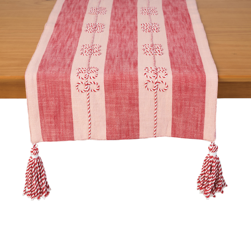 Red Peppermint Bows Runner on a wood table