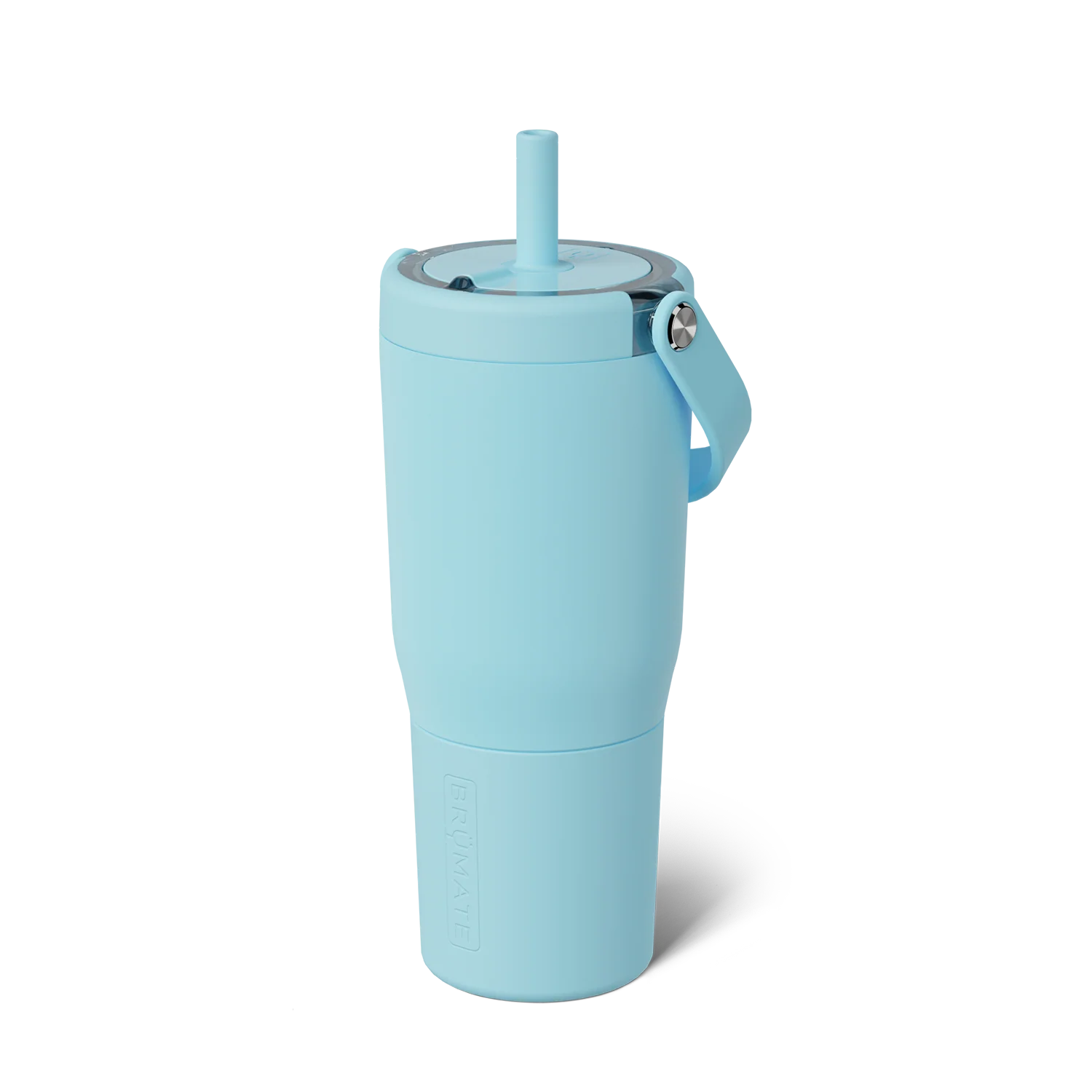 light bright blue tumbler with top swing handle and straw