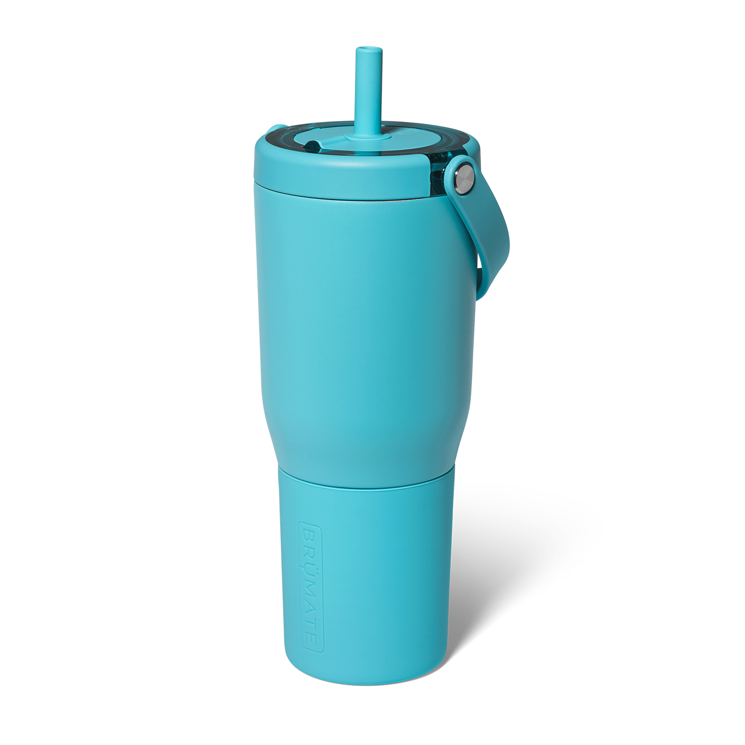 Turquoise tumbler with a straw on a white background
