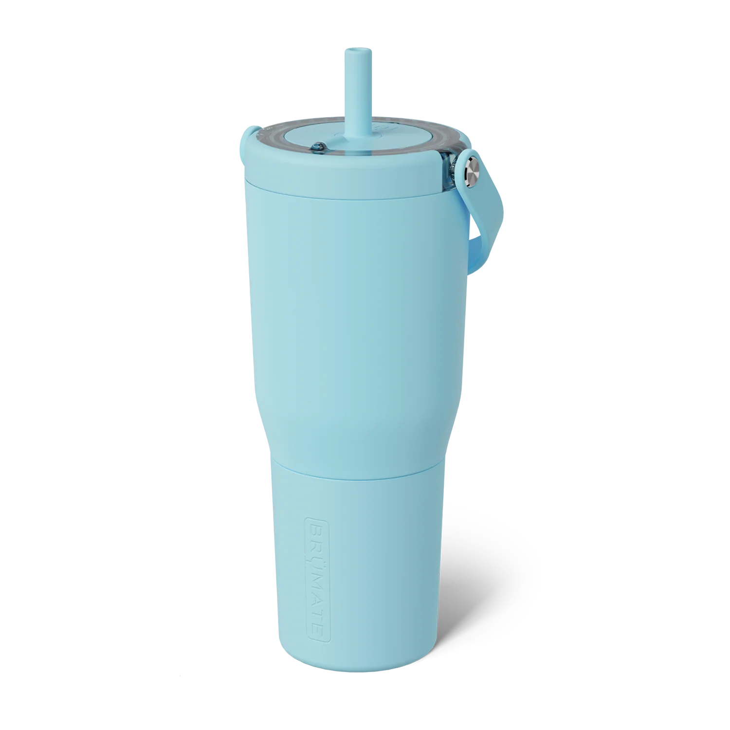light, bright blue tumbler with top swing handle and straw