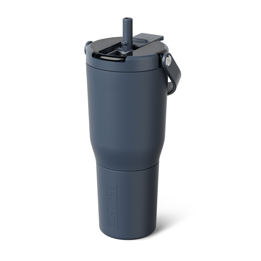A dark slate blue insulated travel tumbler with a matching lid and carry loop HANDLE, shown on a clean white background. 