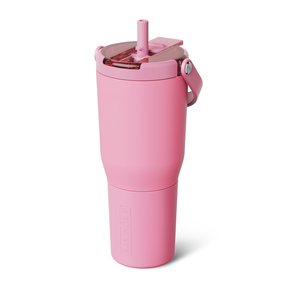 A pink insulated travel tumbler with a matching pink lid and straw, shown on a clean white background. 
