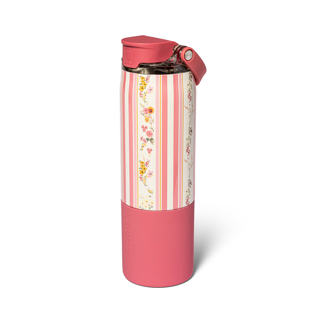 insolated water bottle with bright pink base and pink and floral striped body