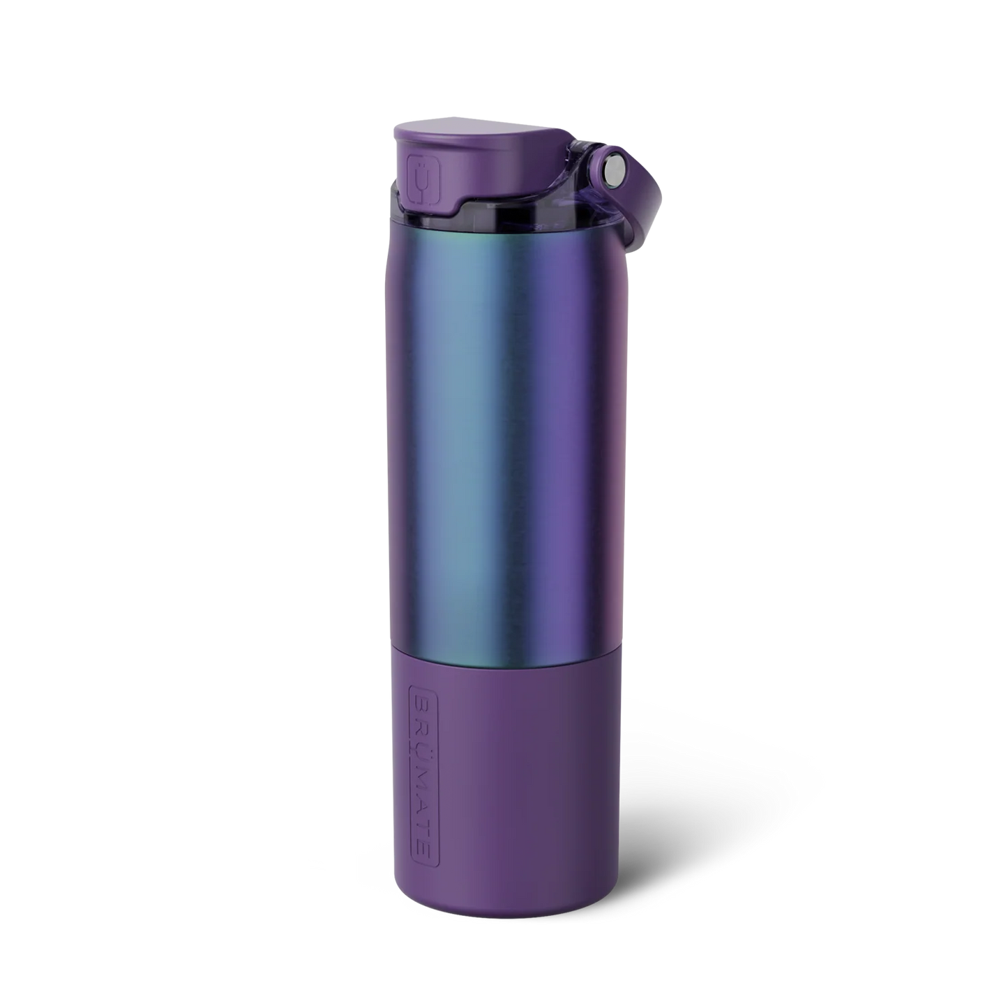 Purple and blue iridescent insulated travel water bottle shown on a white background