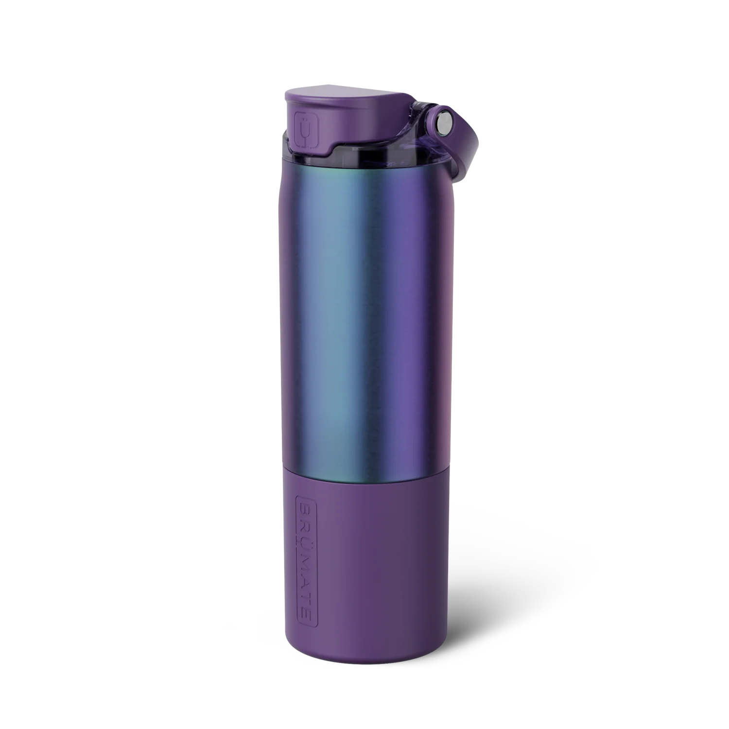 Purple and blue iridescent insulated travel water bottle shown on a white background
