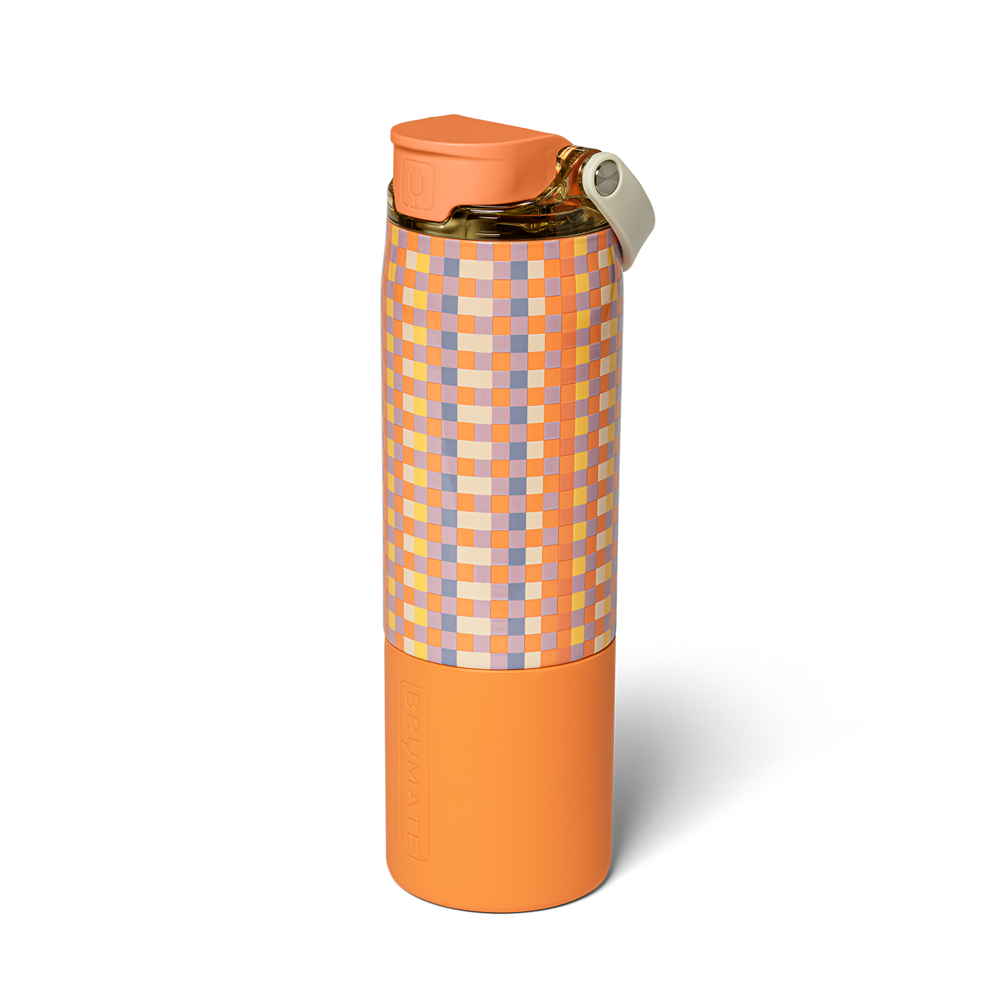 orange, purple, and yellow check patterned insolated water bottle shown on a white background