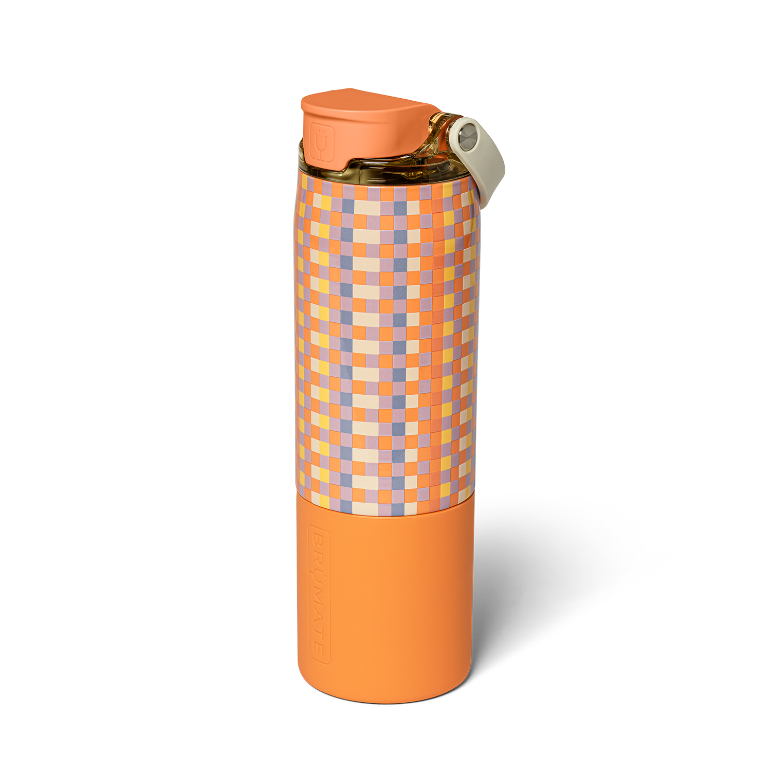 orange, purple, and yellow check patterned insolated water bottle shown on a white background