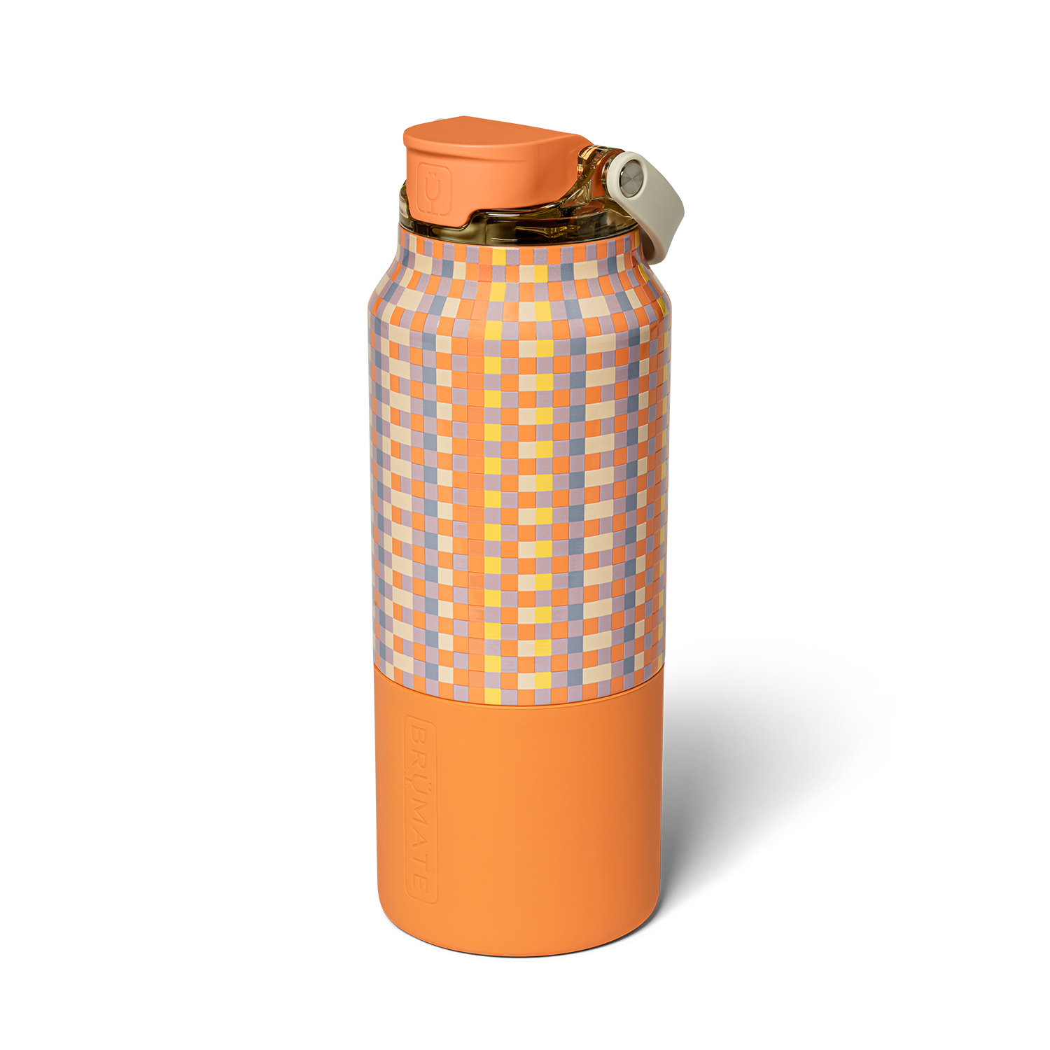 Water bottle with orange top and bottom and an orange, purple and yellow check patterned middle section on a white background