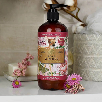 Hand and body wash bottle with floral label on a bathroom counter
