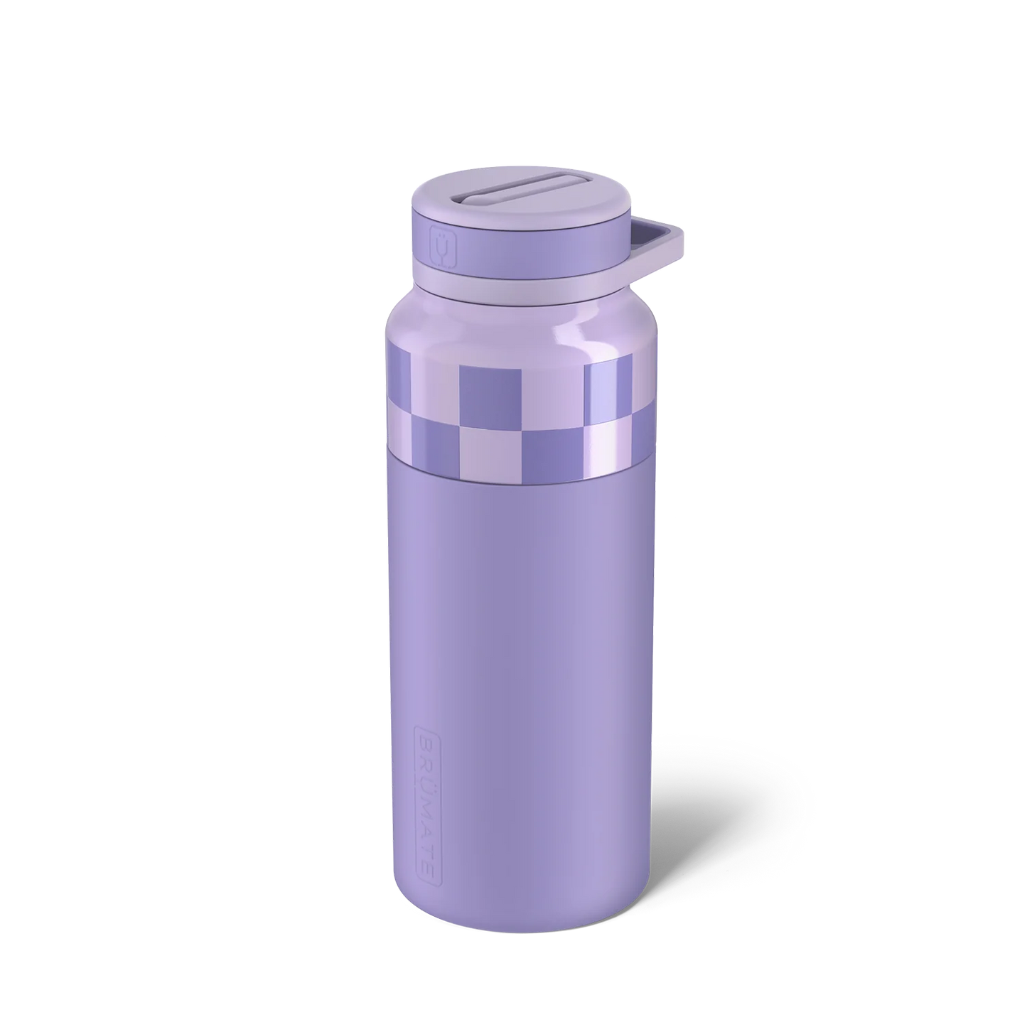 lavender checker rotera water bottle on a white background.