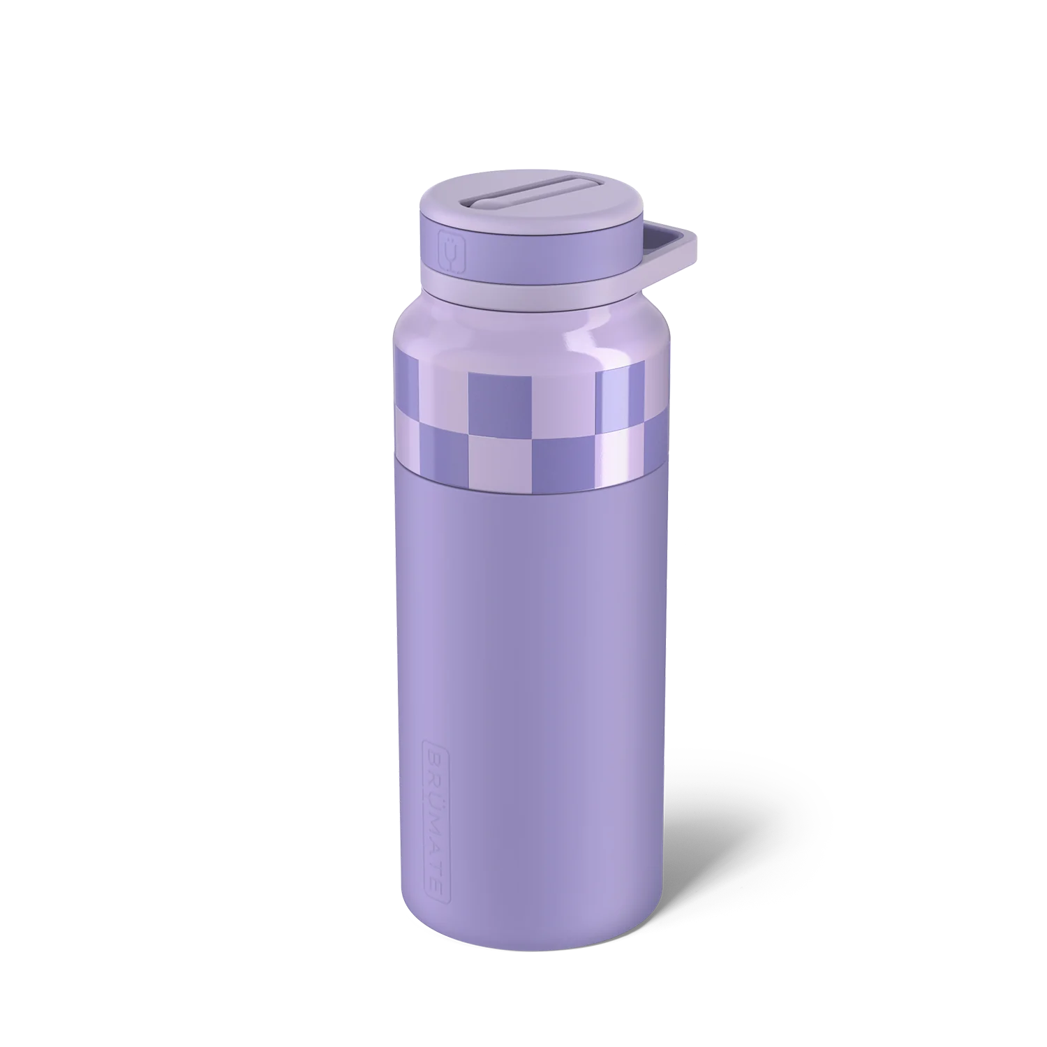 lavender checker rotera water bottle on a white background.