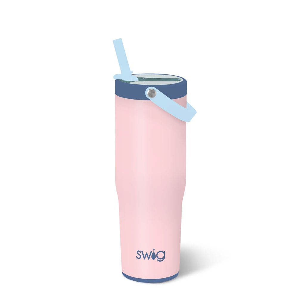 pink tumbler with blue lid and light blue top swing handle and straw