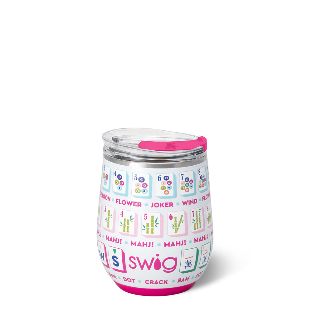 Wine tumbler with Mahjong design and Swig branding on a white background