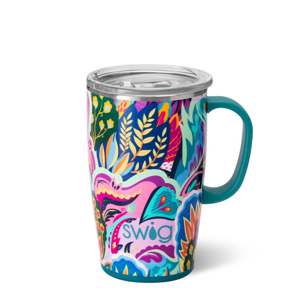 travel mug with brightly colored floral pattern and teal handle.