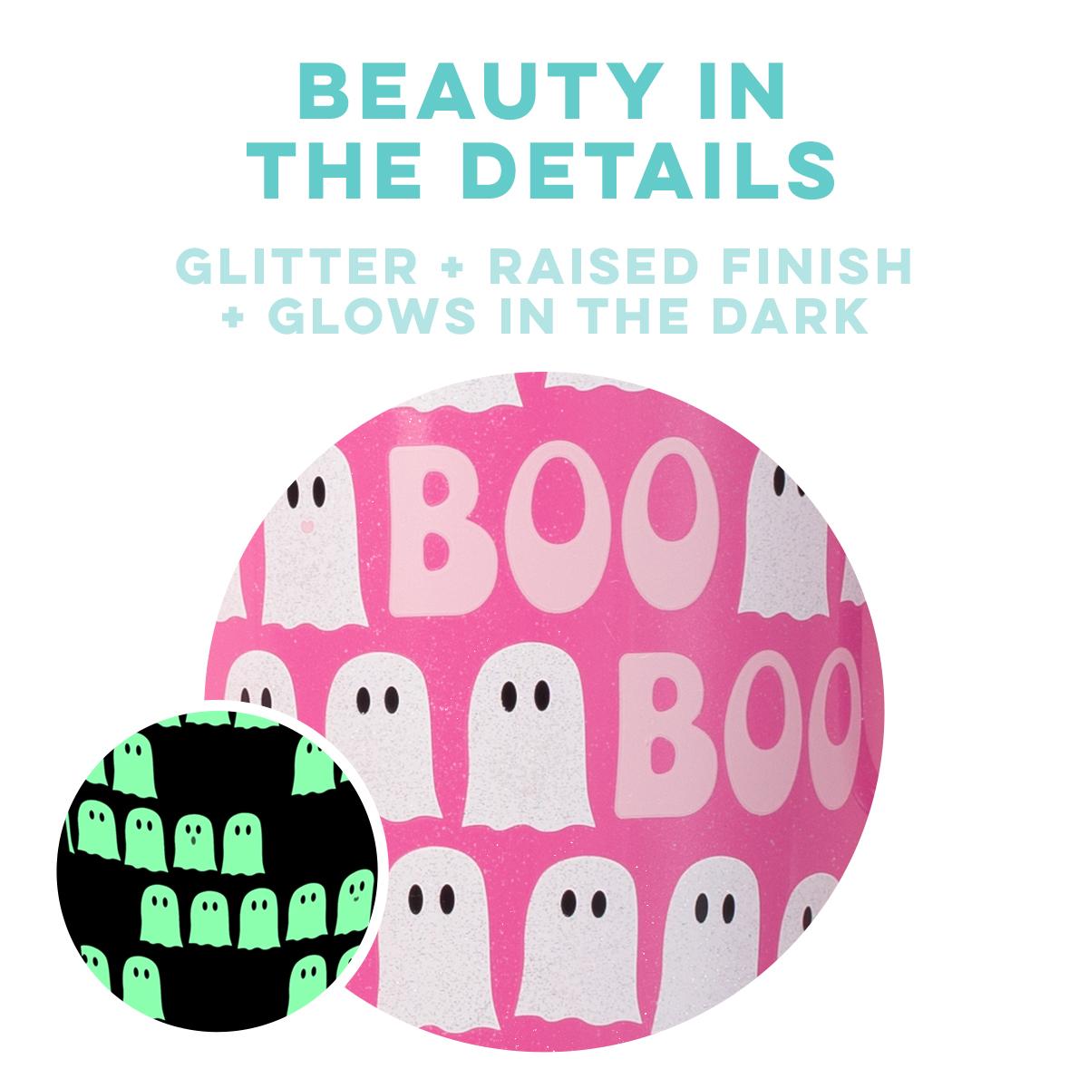 close-up of ghost and "boo" pattern with inset picture of the glow in the dark feature.