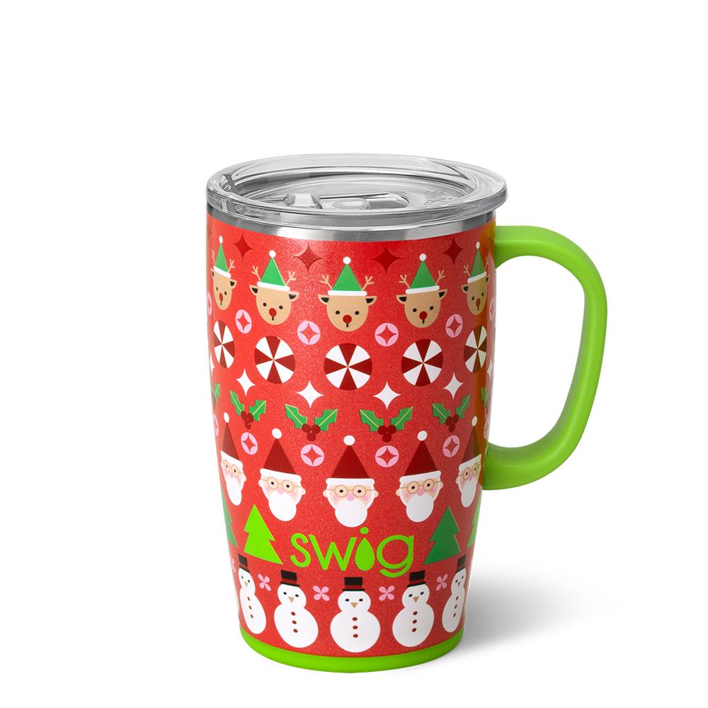 red tumbler with green handle and christmas graphics of santa, peppermints, reindeer, snowmen, and holly sprigs.