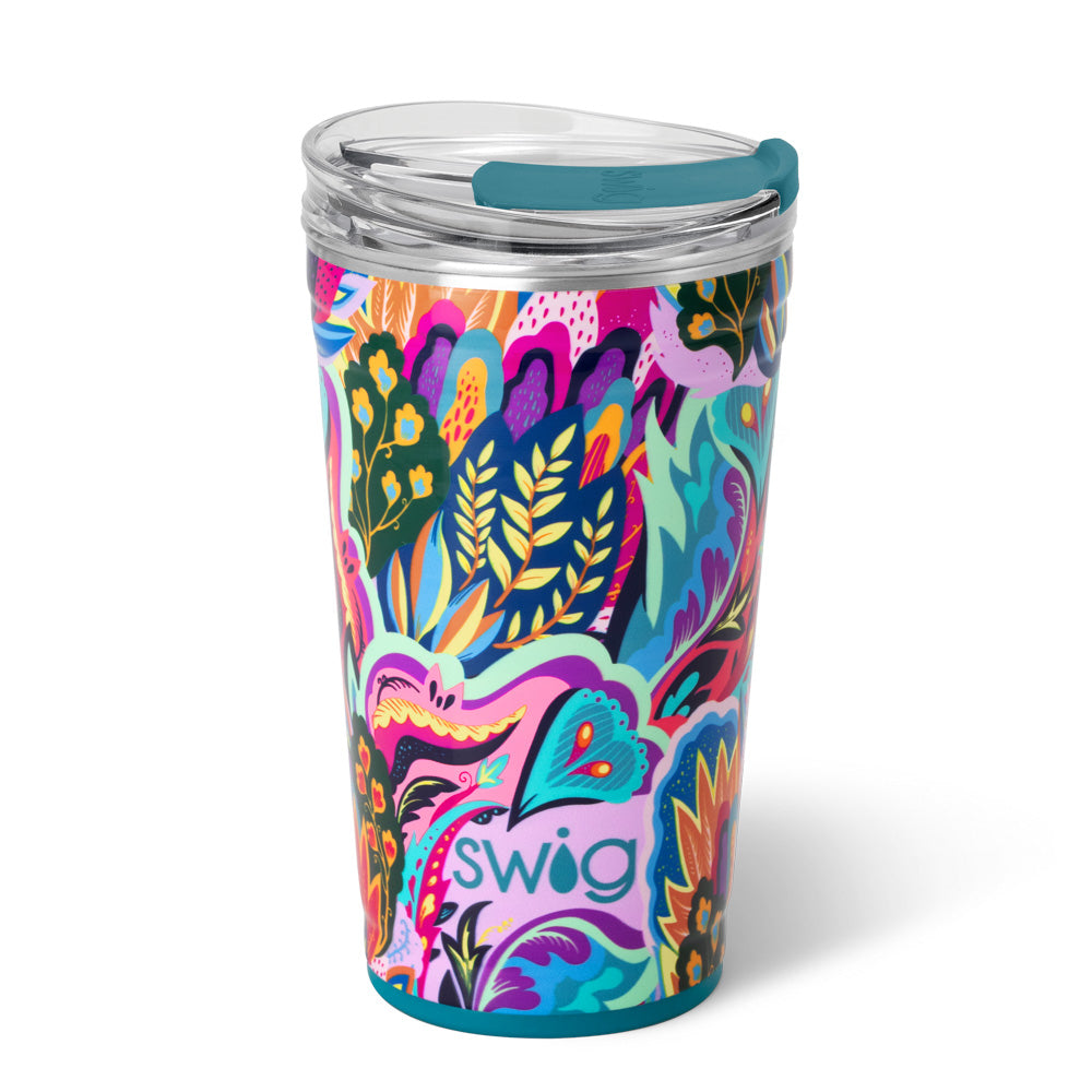 party cup with brightly colored floral pattern.