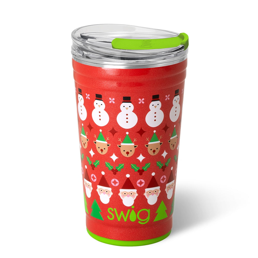 red insolated cup with santas, snowmen and other christmas icons printed on it.