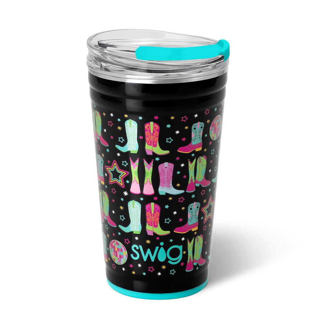 black cup with boots and stars design in pinks, greens, and blues.