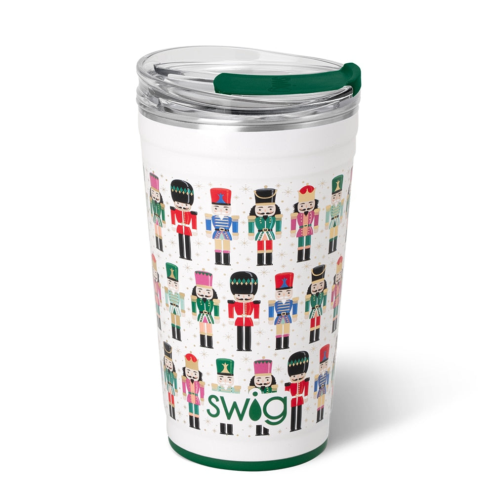 white insolated cup with colorful nutcrackers printed on it.