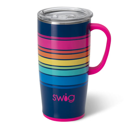 electric slide 22 ounce travel mug is blue with pink, orange, yellow, green, and blue stripes and displayed against a white background