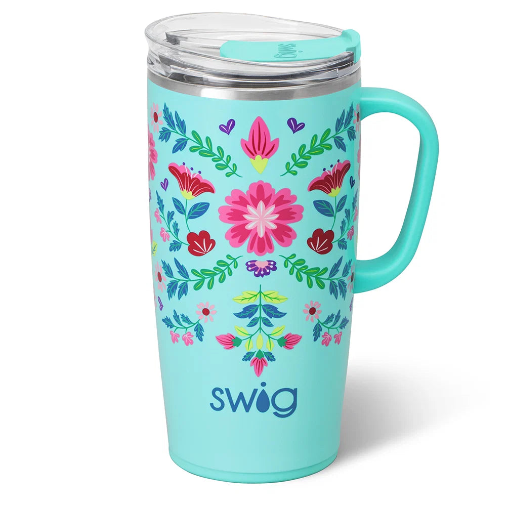 Turquoise insolated mug with floral design and 'swig' branding on a white background