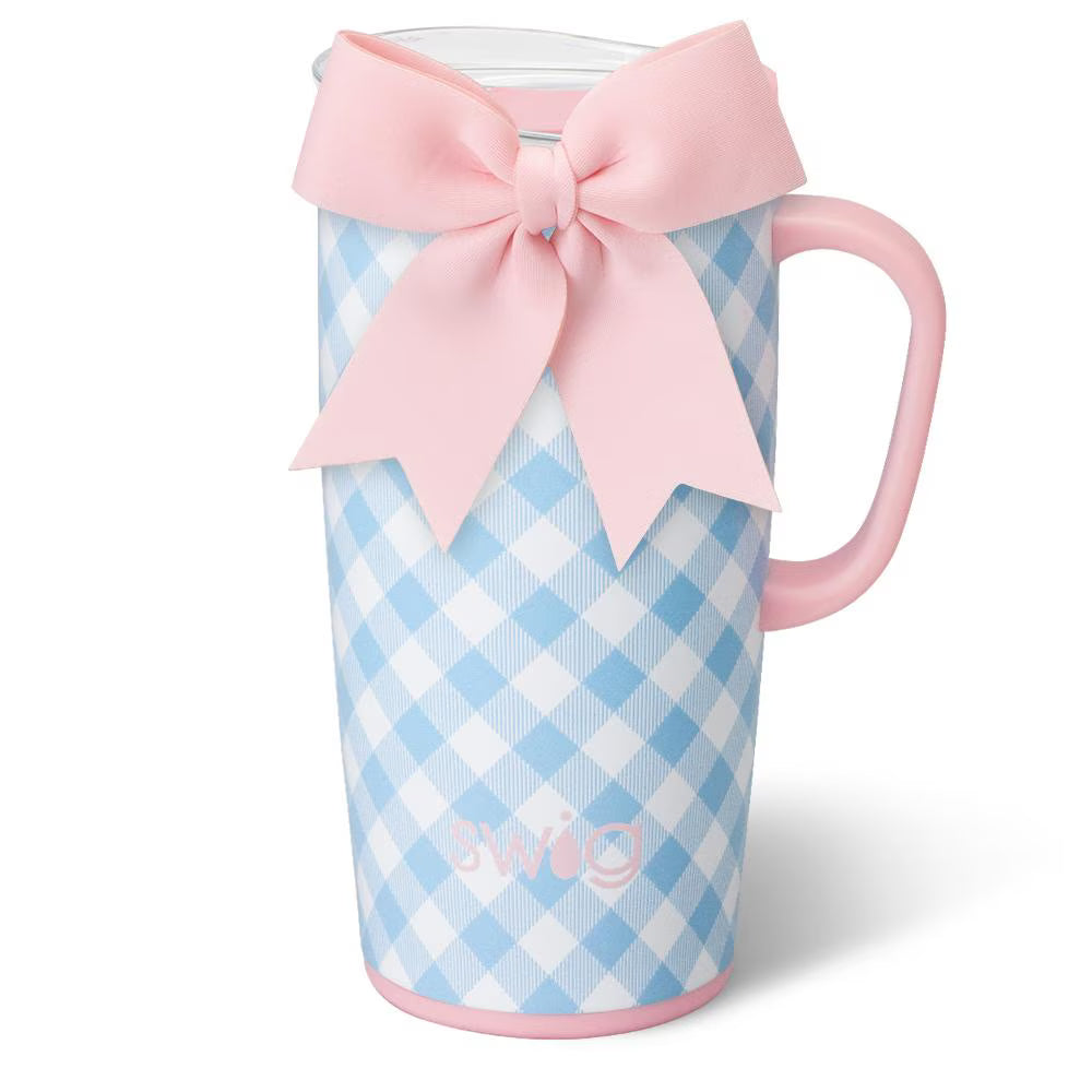 Blue and white gingham travel mug with pink handle and bow.