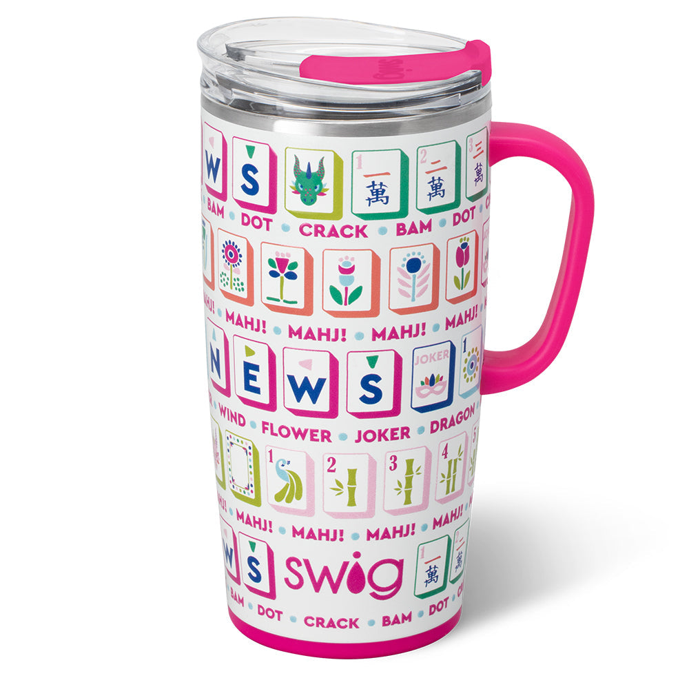 Colorful travel mug with a pattern of symbols and text of mahjong on a white background