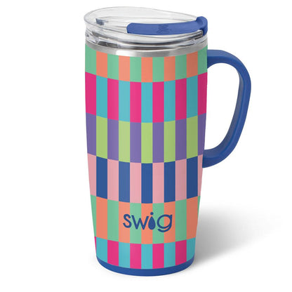 Brite Stripe Travel Mug with colorful check pattern and blue handle