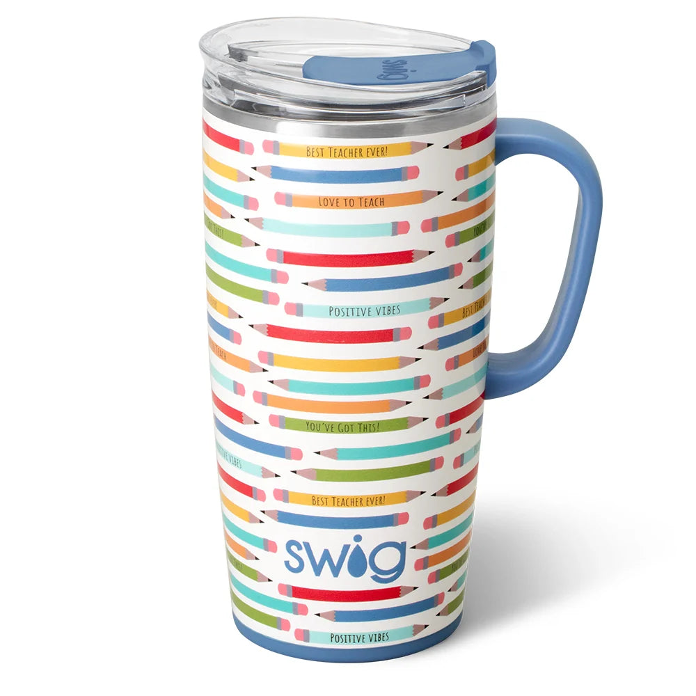 Colorful travel mug with pencil design  on a white background