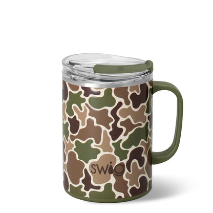 Camouflage-patterned mug with 'Swig' branding on a white background