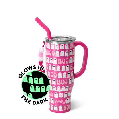 hot pink tumbler with ghost and "boo" pattern with an inset picture of the glow in the dark pattern.