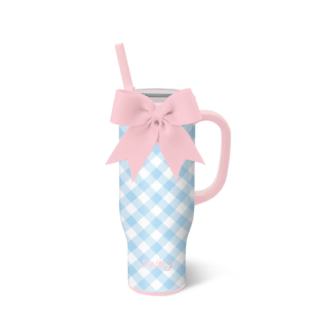 Blue and white gingham, 30 ounce tumbler with pink straw, handle and bow.