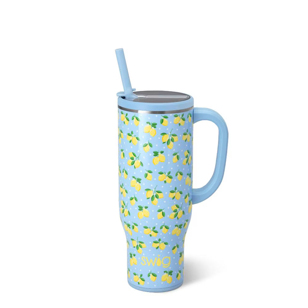 light blue tumbler with all-over lemon design